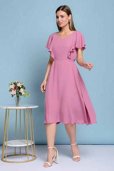 Платье розовое длины миди с V-образным вырезом и воланами на плечах