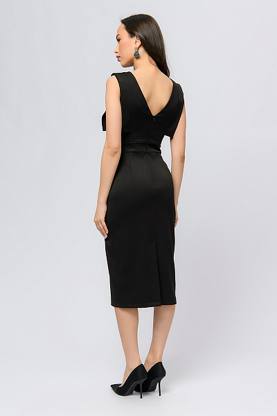 Платье-футляр черное длины миди с декоративной отделкой