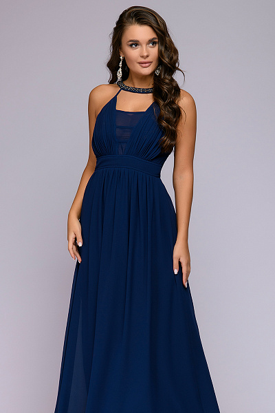 Платье синее длины макси с отделкой жемчугом