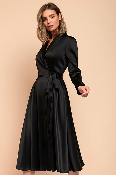 Платье черное длины миди с объемными плечами и длинными рукавами