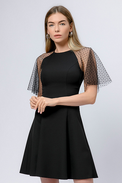 Платье черное длины мини с рукавами из фатина