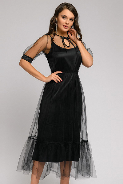 Платье черное длины миди с мягким фатином