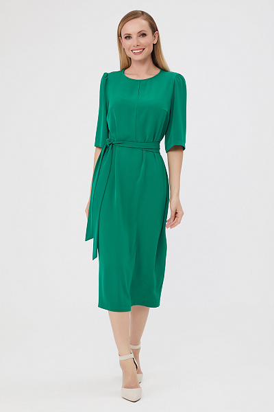 Платье зеленое длины миди с рукавами 1/2 и поясом