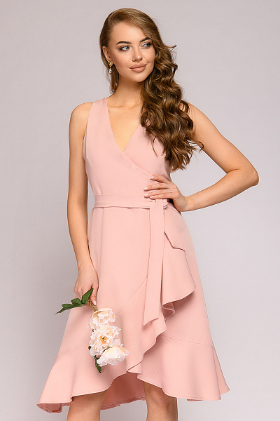 Платье цвета пыльной розы без рукавов с воланом по подолу