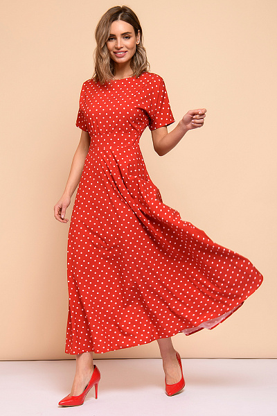 Платье красное в горошек с короткими рукавами