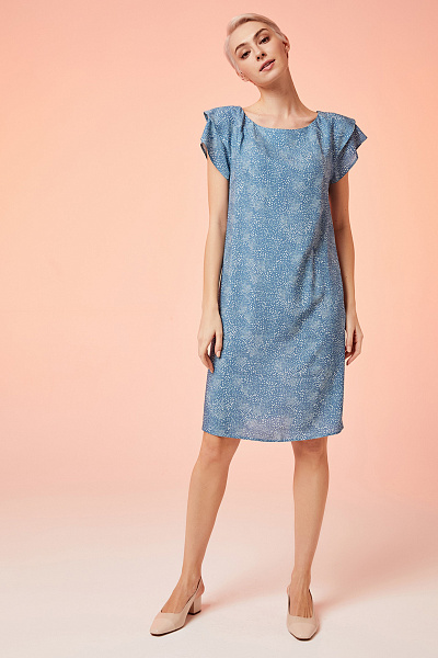 Платье голубое с принтом длины мини и V-образным вырезом на спинке