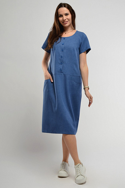Платье синее длины миди с короткими рукавами и карманами