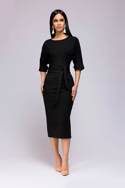 Платье черное длины миди с поясом и рукавом "летучая мышь"