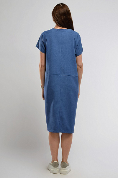 Платье синее длины миди с короткими рукавами и карманами