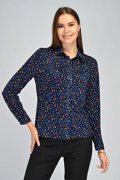 Блуза темно-синяя с принтом и длинными рукавами