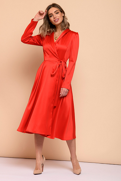 Платье красное длины миди с объемными плечами и длинными рукавами