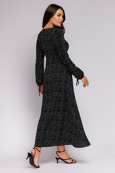 Платье черное в горошек с длинными рукавами