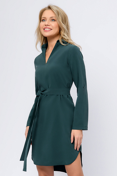 Платье-рубашка темно-зеленое разноуровневое