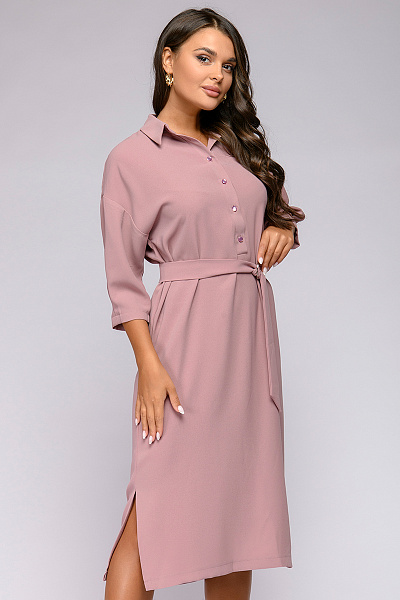 Платье-рубашка цвета пыльной розы длины миди с отложным воротником и поясом
