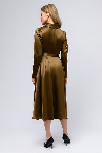 Платье бронзового цвета длины миди с объемными плечами и длинными рукавами