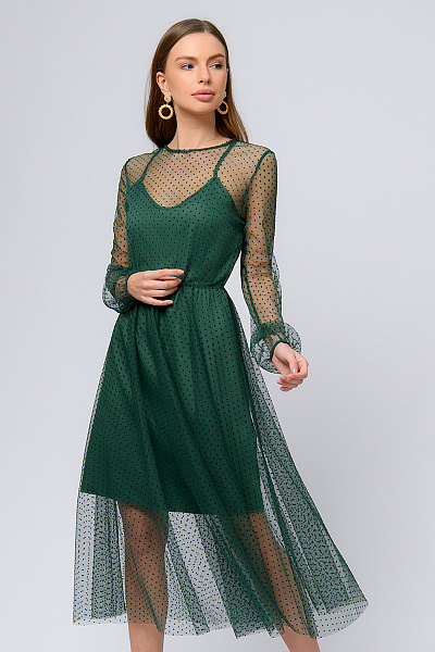 Платье темно-зеленого цвета длины миди с отделкой из фатина