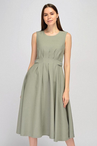 Платье оливкового цвета длины миди без рукавов с декоративными складками и пуговицами