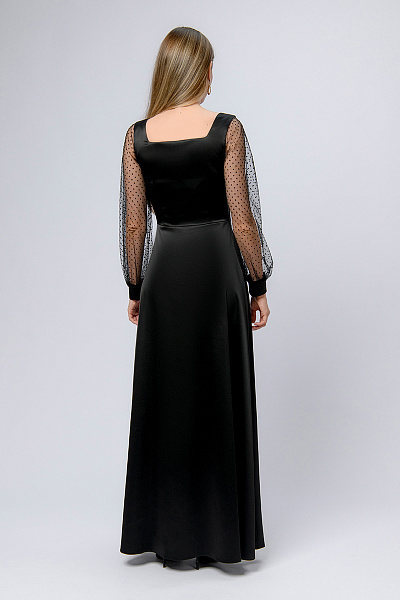 Платье черное длины макси с разрезом на юбке и фатиновыми рукавами