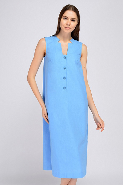 Платье голубое длины миди без рукавов с фигурным воротником