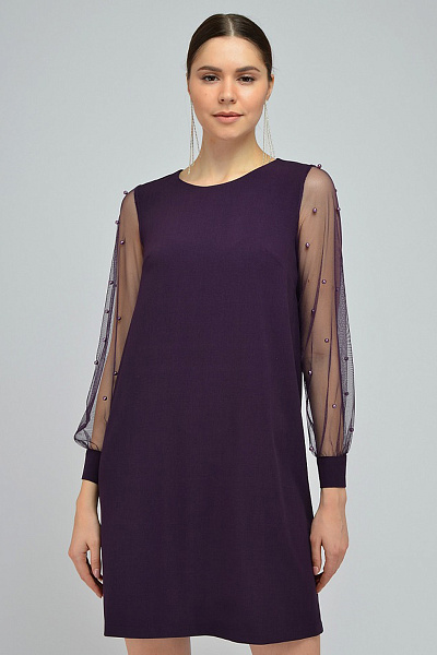 Платье фиолетовое длины мини с бусинами на рукавах
