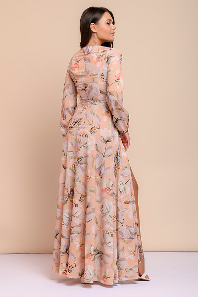 Платье бежевое с цветочным принтом длины макси с запахом