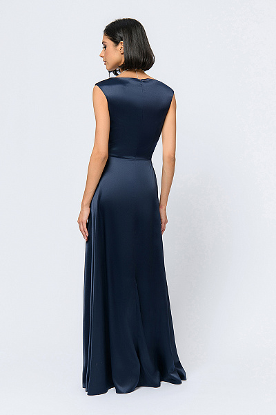 Платье темно-синего цвета длины макси с имитацией запаха