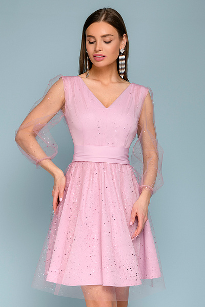 Платье розовое длины мини двухслойное с v-образным вырезом