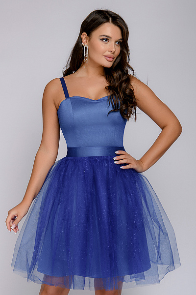 Платье синее длины мини с пышной юбкой