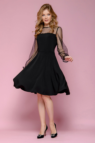 Платье черное с фатиновым верхом и пышными рукавами
