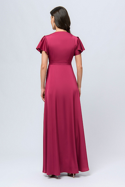 Платье вишневого цвета длины макси с глубоким вырезом и фигурными рукавами