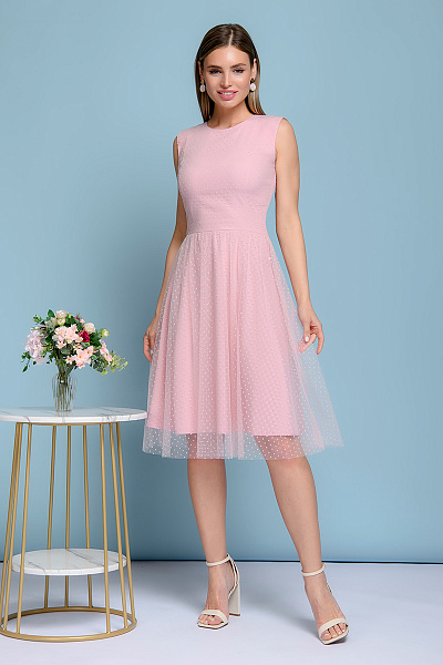 Платье розовое с фатином в горошек длины миди