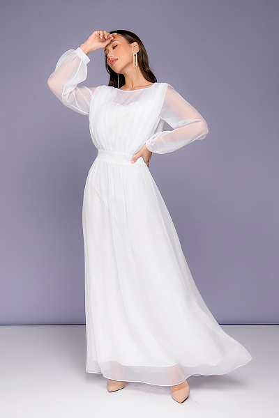 Платье белое длины макси с объемными рукавами и открытой спинкой