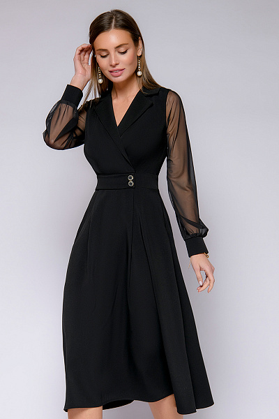 Платье черное длины миди с декоративным поясом и фатиновыми рукавами