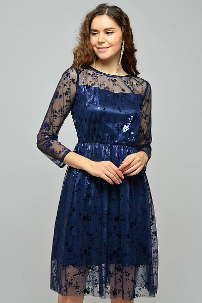 Платье темно-синеее с принтом длины мини