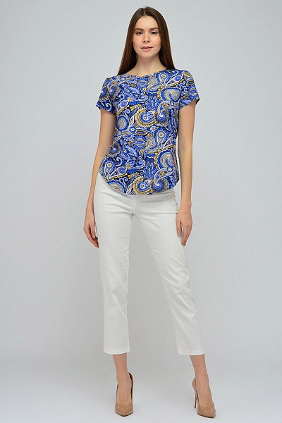 Блуза синяя с принтом и короткими рукавами